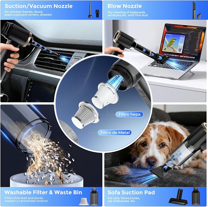 Handheld Vacuum for Car, 24000Pa Cordless Car Vacuum Cleaner with Blower and Inflator, Lightweight Portable Vacuum for Pet Hair, Crumbs, Keyboard, Sofa, Black