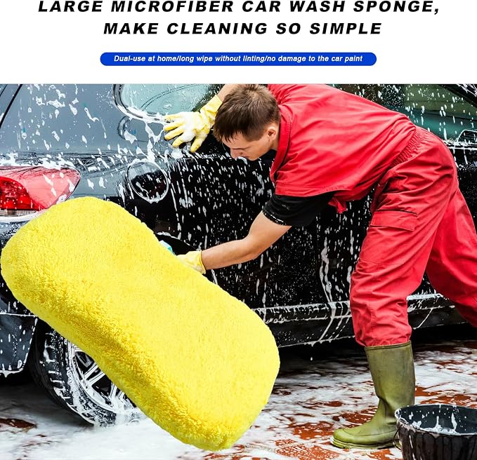 Car Wash Sponge, Large Microfiber Applicator Pad Non-Scratch Detailing Foam, Extra Absorbent Cleaning Sponge Universal Washing Supplies for Cars Trucks Motorcycles (Yellow)