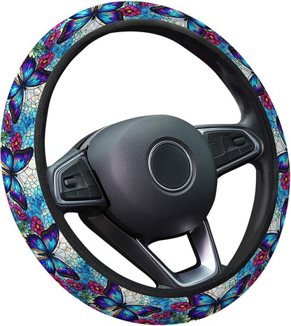 GENANY Blue Butterfly Steering Wheel Cover, Non Slip Polyester Car Wheel Protector for Car SUV Truck, Universal 15 Inch