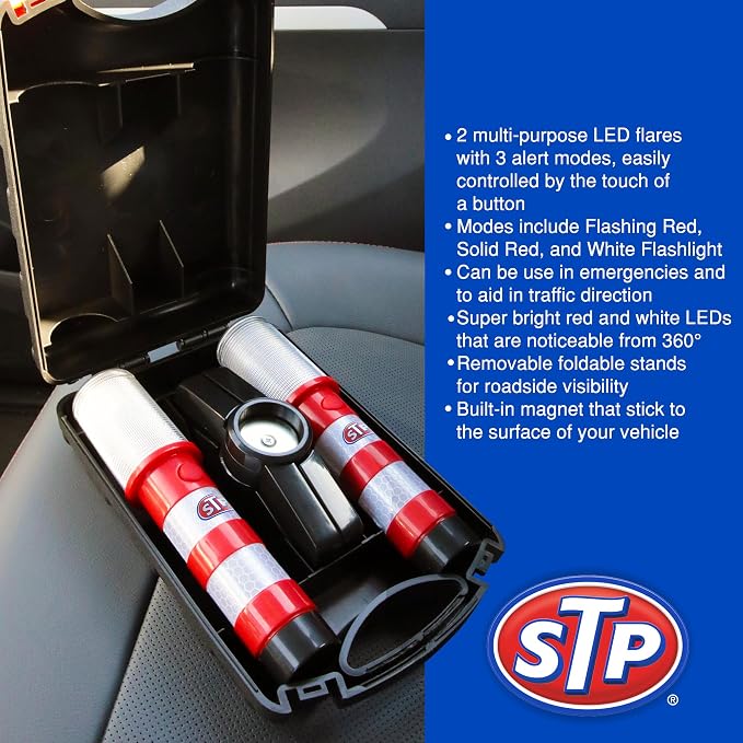 STP Emergency LED Road Flares with Jumper Cables for Car & Reflective Vest Kit Roadside Safety Kit, 3 Lighting Modes, Visible a Mile Away, 12-Foot 8-Guage Heavy Duty Jumper Cables, Vehicle Safety Kit
