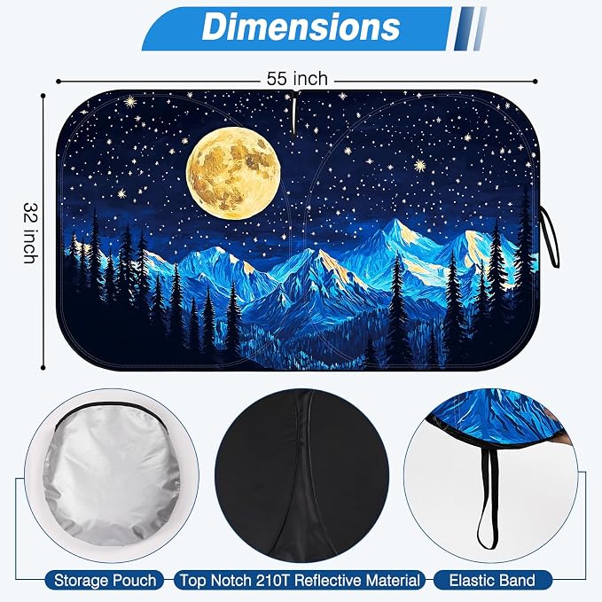 Windshield Sun Shade - Windshield Sun Shade Foldable, Car Sun Shade Windshield Keeps Interior Cool, Foldable Sunshade for Car Windshield with Storage Bag for Cars, SUVs, 55'' x 32''