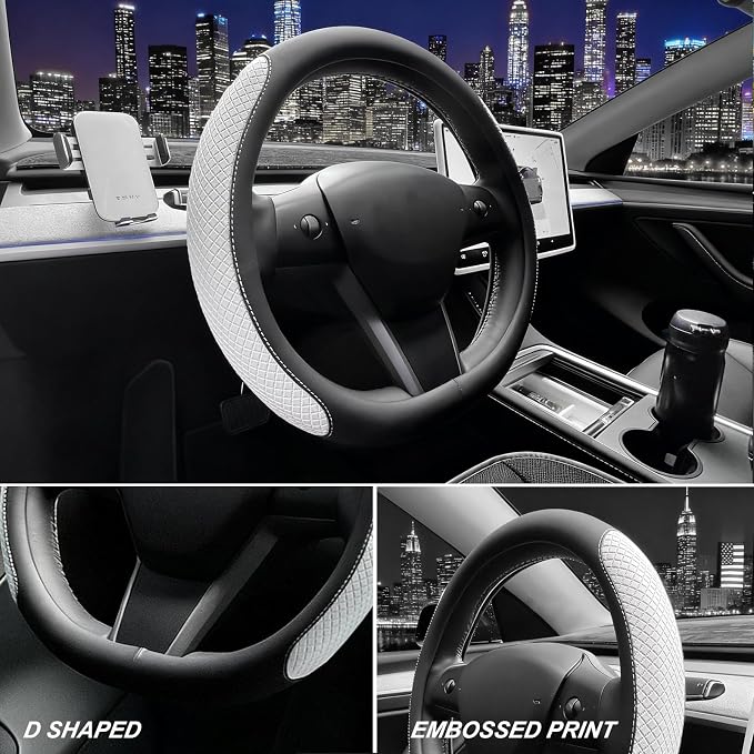 SEG Direct Flat Bottom Steering Wheel Cover, D Shaped Car Wheel Cover 14 1/2-15 in. (37-39 cm), Black White Embossed Microfiber Leather