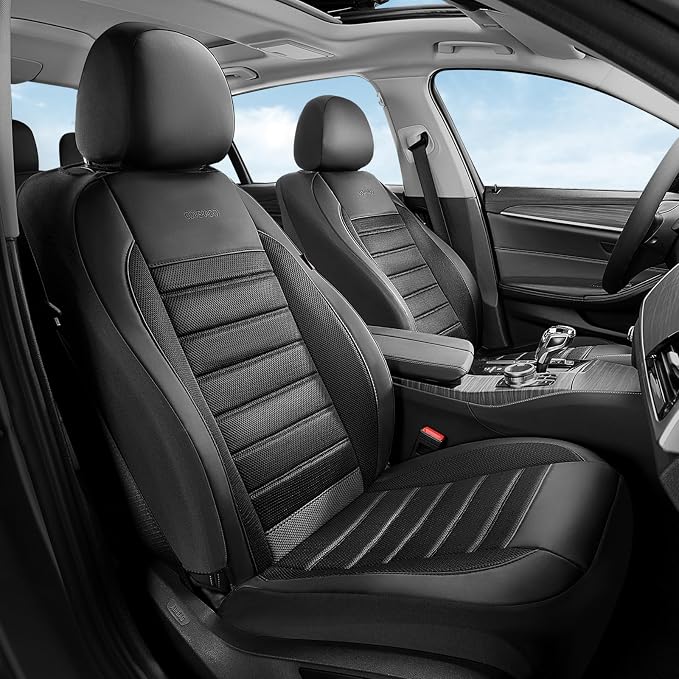 Coverado Car Seat Covers Front Seats Luxury Leather Automotive Mesh 2 Pack Airbag-Compatible Universal Fit Seat Protector Seat Cushion for SUV Sedan Truck Black