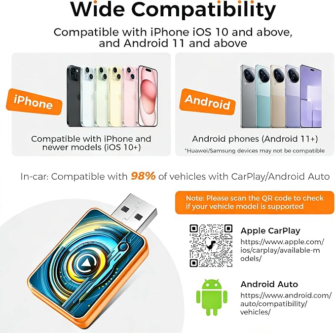 New Wireless Carplay Adapter for Apple iPhone & Android，Multi-User, No Latency - Convert Wired to Wireless Car Play Adapter for iOS 10+/Android 11+/Type-C Port with 2016+ Car