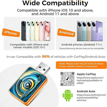 New Wireless Carplay Adapter for Apple iPhone & Android，Multi-User, No Latency - Convert Wired to Wireless Car Play Adapter for iOS 10+/Android 11+/Type-C Port with 2016+ Car