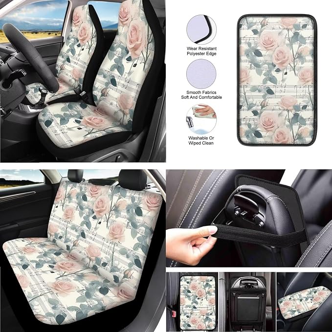 Music Note Seat Covers for Cars 13 Pcs, Garden Rose Car Interior Accessories Auto Center Console Pad, Countryside Music Cover for Cars Interior Universal Fit