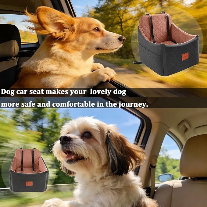 Dog Car Seat for Small/Medium Dogs, Memory Foam Dog Booster Seat, Travel Safety Pet Car Seat with Washable Removable Cover, Storage Pockets for Dogs up to 35 lbs((Black/Brown, Medium)