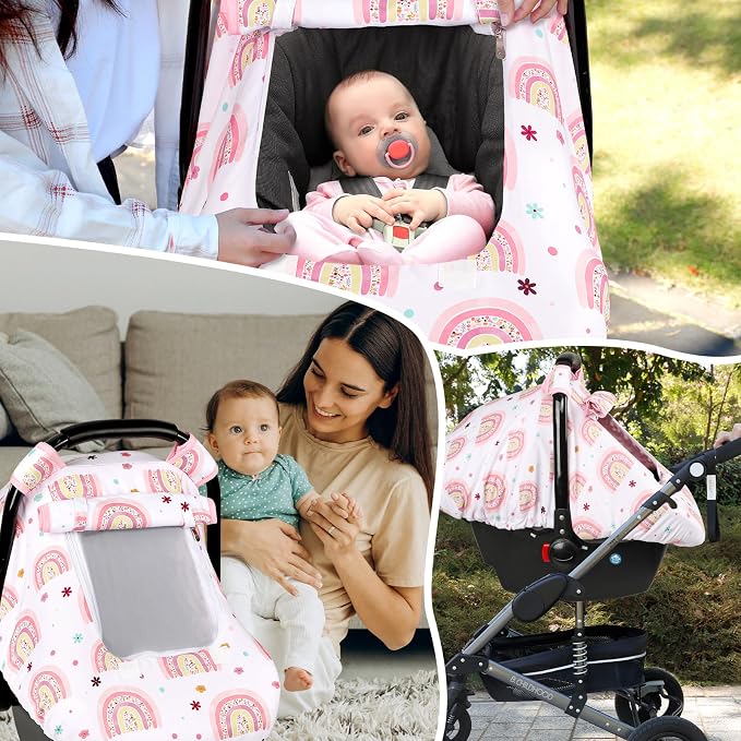 Pea Pod Car Seat Cover Baby, Infant Car Seat Canopy Covers with 2 Layers Windows of Breathable Mesh Fabric, Lightweight Polyester, Soft Minky Dot Backing (Rainbow & Floral Pattern)