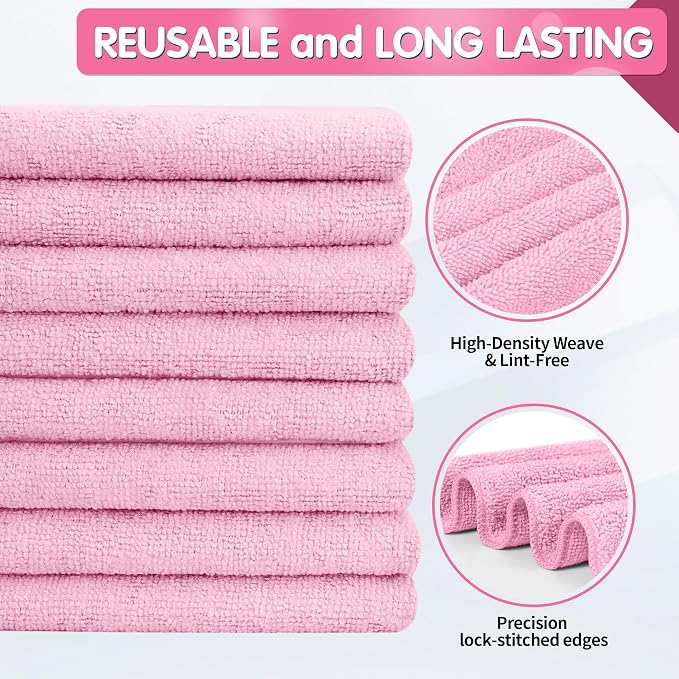 FIXSMITH Pink Microfiber Cleaning Cloth -Pack of 12, Highly Absorbent Cleaning Rags, 16"X12" All Purpose Cleaning Towels for Housekeeping, Kitchen, Car, Lint Free and Reusable Microfiber Towels