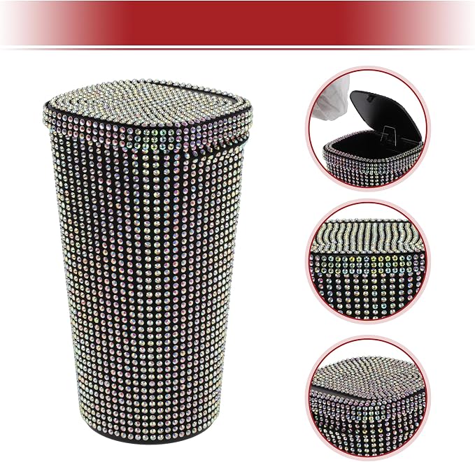 ACROPIX Car Trash Can Trash Bin Rhinestones Portable 3.5" Length 3.5" Width 6.3" Height Assorted Color Rhinestone Plastic