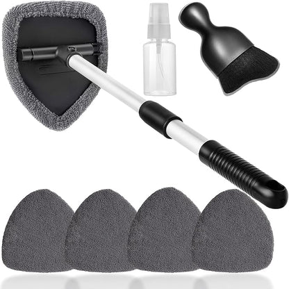 Qydipclin 7pcs Windshield Cleaner Tool Car Window Cleaning Wash Kit with 4 Reusable Microfiber Pads 1 Spray Bottle and Extendable Handle Auto Glass Wiper Kit, Gray