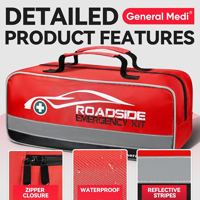 General Medi 127-Pieces Roadside Car Emergency Kit Include Mini First Aid Kit, Jumper Cables,Tow Rope, Bandage, Safety Vest, Emergency Triangle, All in One Pack