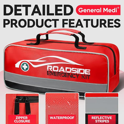 General Medi 127-Pieces Roadside Car Emergency Kit Include Mini First Aid Kit, Jumper Cables,Tow Rope, Bandage, Safety Vest, Emergency Triangle, All in One Pack