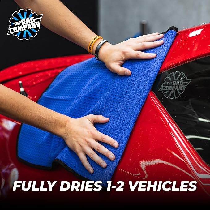 The Rag Company Dry Me A River, Professional Korean 70/30 Blend Microfiber Waffle-Weave Drying & Detailing Towels, Soft Suede Edges, 390 GSM, 20x40 Inches, Royal Blue, 2-Pack