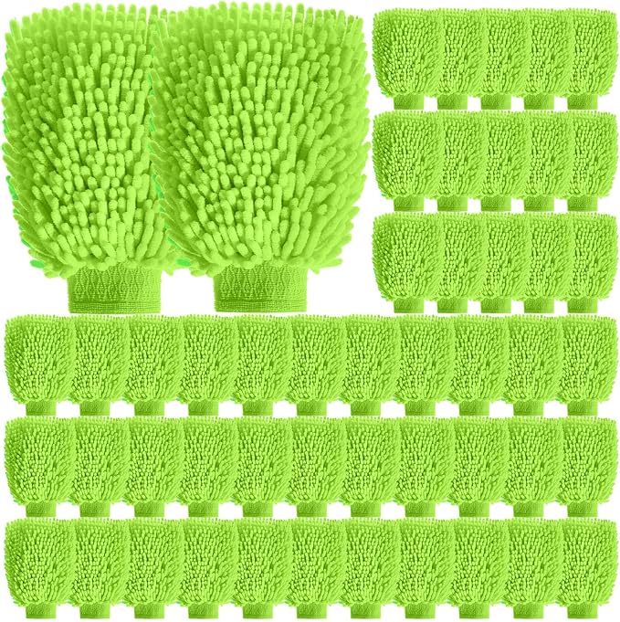 48 Pack Car Wash Mitt Bulk Microfiber, 10'' x 8'' Chenille Car Wash Mitt Gloves, Scratch Free Double Sided No Lint No Marks for Truck SUV and All Vehicle Surfaces (Lime Green)