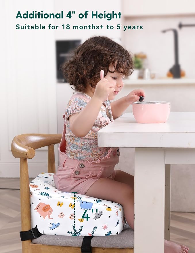 Babelio ErgoUp Booster Seat for Kitchen Chair, Promote Proper Upright Posture, Toddler Booster Seat for Dining Table, Removable & Washable Cover, Suitable for 18 Months to 5 Years, White Elephant