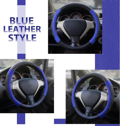Elantrip Steering Wheel Cover Leather 14 1/2 to 15 inch Universal Padded Soft Grip Breathable for Car Truck SUV Jeep Anti Slip Blue and Black