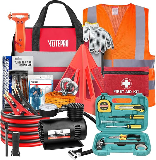 Roadside Emergency Car Kit for Vehicles, Car Emergency Kit with Jumper Cables, Air Compressor, First Aid Kit, Car Safety Tool Kits, Road Trip Assistance for Men, Women, New Driver Gifts
