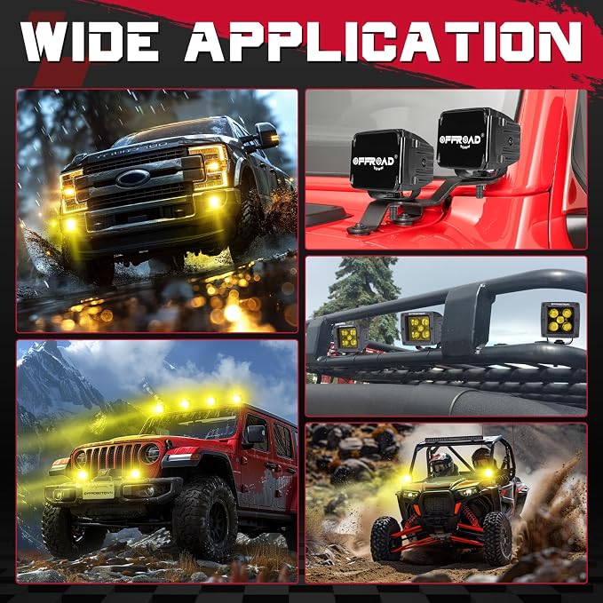 OFFROADTOWN LED Cubes 3" 100W CREE Yellow LED Pods with Wiring Harness & Cover Spot Beam Off Road Driving Ditch Lights Amber Fog Lights for Trucks UTV ATV SUV Motorcycle Boat