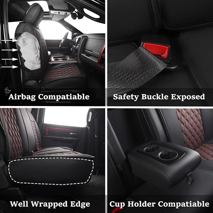 JOJOBAY Car Seat Covers for Dodge Ram,Fit 2009-2025 1500/2500/3500 HD Pick-up Truck,Crew,Regular,Quad,Mega Cab,Waterproof Synthetic Leather Seat Covers(5PCS-Full Set,Black-Brown)