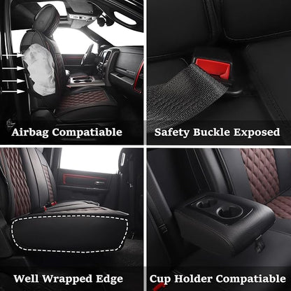 JOJOBAY Car Seat Covers for Dodge Ram,Fit 2009-2025 1500/2500/3500 HD Pick-up Truck,Crew,Regular,Quad,Mega Cab,Waterproof Synthetic Leather Seat Covers(5PCS-Full Set,Black-Brown)