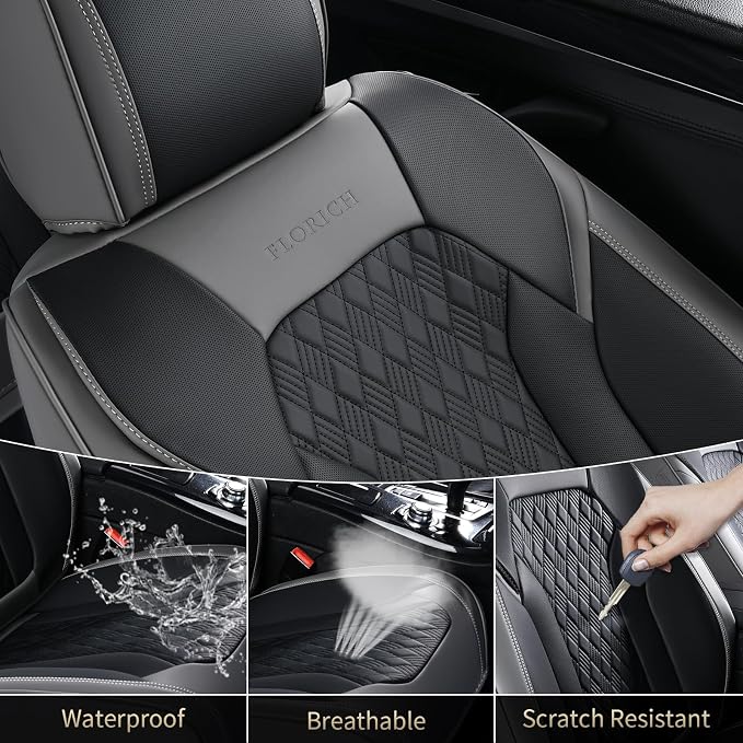 FLORICH Seat Covers, Car Seat Covers Full Set, Luxury Nappa Leather Seat Covers, Breathable and Waterproof Car Seat Protector 5 Seat, Automotive Seat Covers Universal Fit for Most Cars-Gray&Black