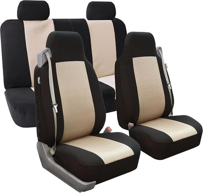 FH Group FH-FB302114 All Purpose Flat Cloth Car Seat Covers Beige/Black Color with F11306 Vinyl Floor Mats, Beige/Black Color - Fit Most Car, Truck, SUV, or Van