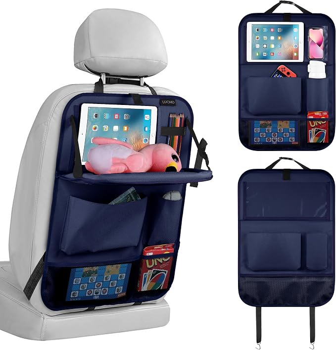 LUCMO Car Backseat Organizer with Tablet Holder,6 Storage Pockets Car Storage Organizer with Foldable Food Tray,Seat Protectors Kick Mats Travel Accessories-Dark Blue