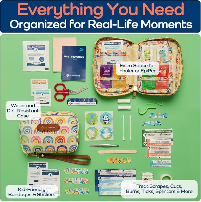 KeepGoing Travel First Aid Kit for Kids – 130 Pc. for Car, Home, Purse, Diaper Bag & Backpack with Latex-Free Bandages - Mini First Aid Kit Travel Size TSA-Approved