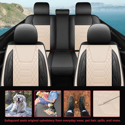 FREESOO Car Seat Covers Leather Seat Cover Full Set Automotive Seat Cover Protector Accessories Airbag Compatible Universal Fit for 5 Seats Black Beige