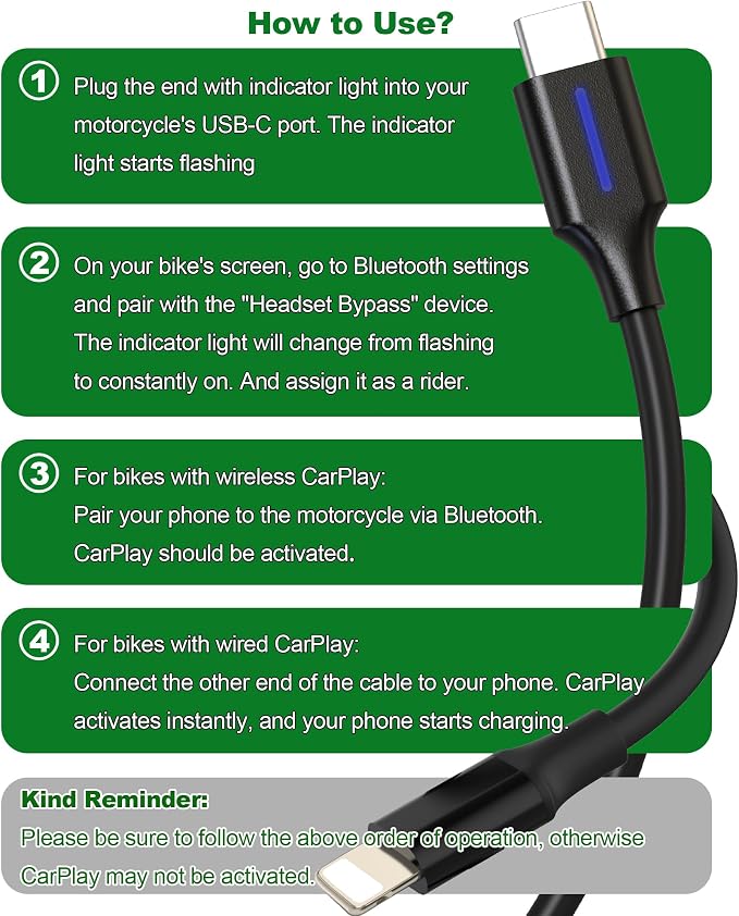 CarPlay Activator Cable for Motorcycle, CarPlay Headset Bypass Adapter for Motorcycle, Enable Mirroring on Harley/Indian/Goldwing Without Headset, USB-C to 8pin Support Charging, 50cm/Black