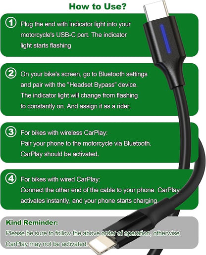 CarPlay Activator Cable for Motorcycle, CarPlay Headset Bypass Adapter for Motorcycle, Enable Mirroring on Harley/Indian/Goldwing Without Headset, USB-C to 8pin Support Charging, 50cm/Black