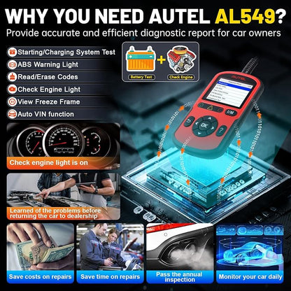 Autel AutoLink AL549 OBD2 Scanner Code Reader | Check Engine Code Reader ABS Diagnostic Tool,Universal Car Battery Test, Live Data,Scan tool For Car Repairers, Enthusiasts