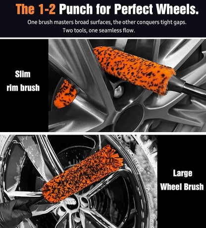 YeewayVeh 3PCS Quick Car Wheel Brush Kit, 2-Size 360° Bendale Rim Cleaner Brushes, Boars Hair Detailing Brush, Fast Scratch-Free Cleaning for Car Wheels, Motorcycle, Orange