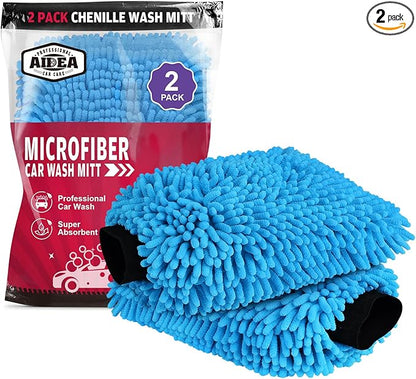 AIDEA Car Wash Mitt Microfiber 2PK, Scratch-Free& Lint-Free, Premium Chenille Microfiber Wash Mitt-Blue Extra Large Size (8''X12'')