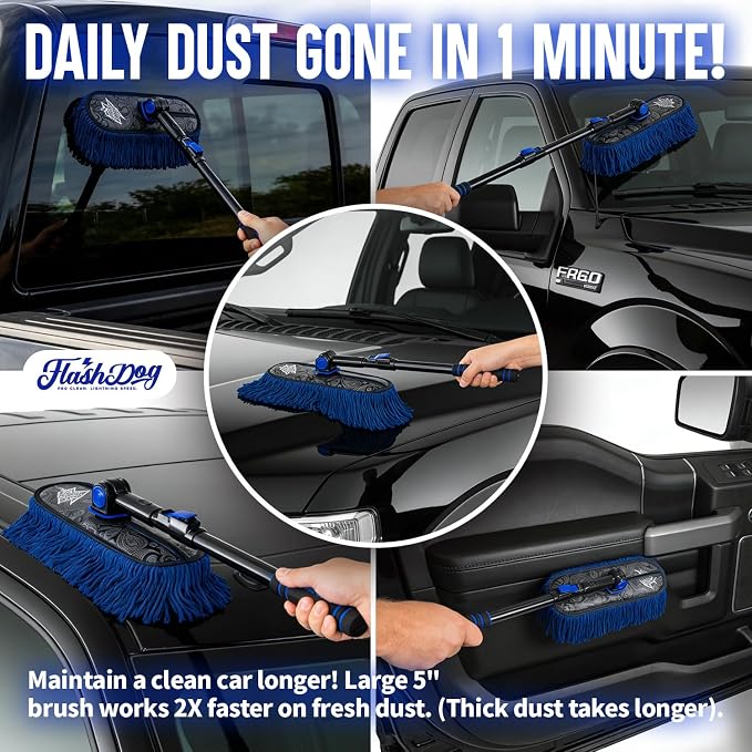 Flash Dog Waterless Car Duster - Wax Cotton Strands 360°Swivel Head & Extendable Aluminum Alloy Handle for Scratch-Free Dusting on Cars, Trucks, SUVs, RVs