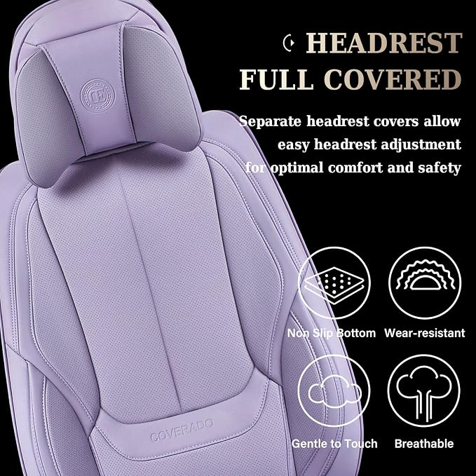 Coverado Universal Seat Covers Full Set, Universal Seat Covers for Cars, 5 Seats Waterproof NAPPA Leather Car Seat Covers with Head Pillow, Auto Protectors Fit for Most Sedans SUV Pick-up Truck-Purple