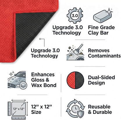 Upgrade 3.0 Car Decontamination Towel – Fine Grade Clay Bar Towel for Auto Detailing, Removes Paint Contaminants, Water Spots & Tree Sap, Enhances Gloss & Wax Bond, 12” x 12” (red and Black)