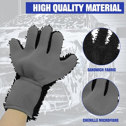2PCS Car Wash Mitt, 5 Finger Chenille Microfiber Cleaning Mitt for Cars, Scratch-Free Auto Washing Gloves, Car Interior Exterior Cleaning Gloves, Great for Hard-to-Reach Areas (Black+Gray)