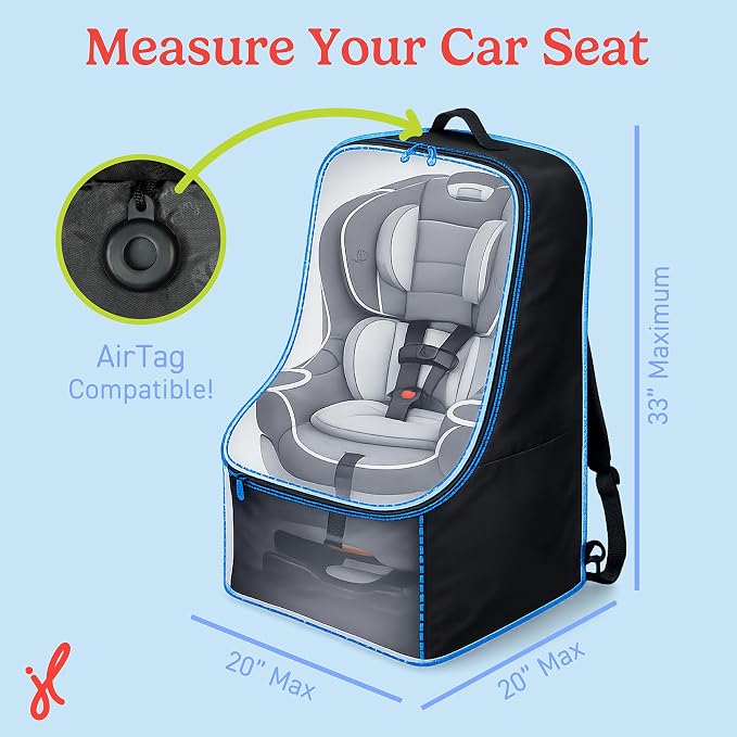 J.L. Childress Padded Backpack Car Seat Bag - Car Seat Travel Bag for Airplane, Fits Most Baby & Infant Carriers & Bootsters, Accessories for Gate or Baggage Check, AirTag Compatible - Deluxe, Black