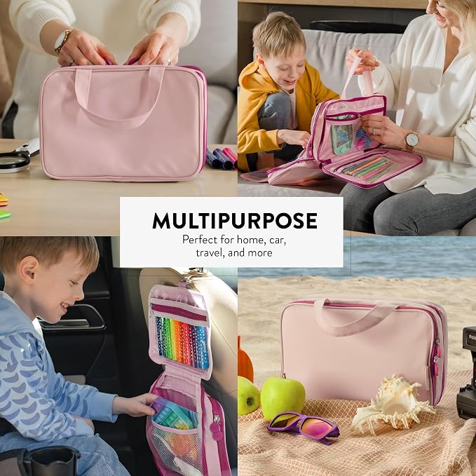 Kids Travel Organizer – Multi-Compartment, Water-Resistant Hanging Bag for Toys, Snacks, & Activities - Compact, Lightweight Design with Hook & Carry Handle - Perfect for Travel Use (Pink, Small)
