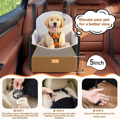 Dog Car Seat for Medium/Small Dogs, Dog Booster Car Seat, Pet Booster Seats Up to 40lbs with Waterproof Layer, 3 Storage Pockets and Safety Belt (Black/Grey)