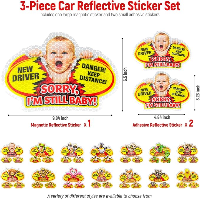 3 Pcs Reflective Student Driver Magnet and Stickers Set - Funny Animal New Driver Safety Signs for Car, Waterproof & Weatherproof High Visibility Vehicle Bumper Decals, Magnet + Stickers (Human)