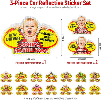3 Pcs Reflective Student Driver Magnet and Stickers Set - Funny Animal New Driver Safety Signs for Car, Waterproof & Weatherproof High Visibility Vehicle Bumper Decals, Magnet + Stickers (Human)