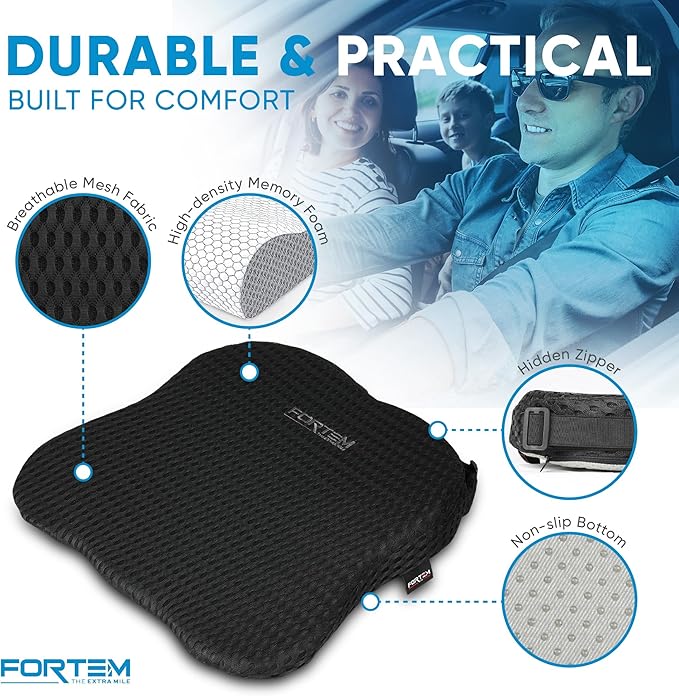 FORTEM Car Seat Cushion and Back Support Pillow, Memory Foam Car Wedge Cushion, Comfort Back Rest and Lumbar Support for Driving, Non Slip Seat Pad, Adjustable Straps, Washable Cover