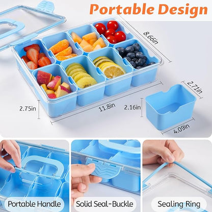 Snackle Box Container, Dishwasher Safety - Divided Serving Tray with Lid and Handle, Charcuterie Board for Portable Snack Platters - Organizer for Fruits Snacks - Perfect for Road Travel - Light blue