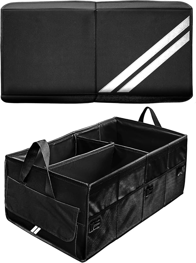 YOSRTER for Dodge Charger Durango Challenger Ram Car Trunk Organizer Collapsible Storage Box with Handle Foldable Lid Non Slip Bottom Sturdy Base Panel 2 Compartment White Trim