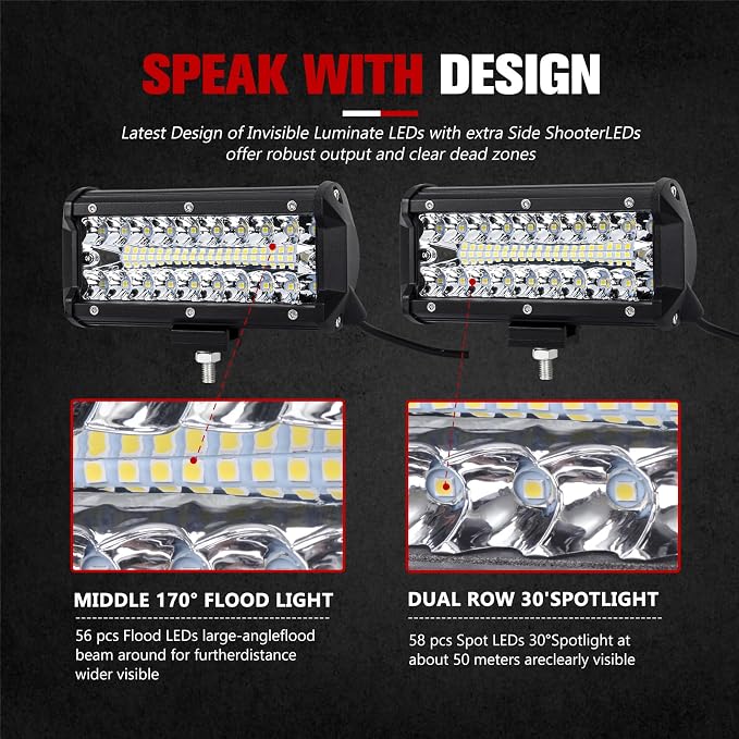 FIERYRED 2PCS 7 Inch LED Light Bar for Truck, Boat, ATV,UTV, Marine, IP68, 24000LM LED Pods Spot & Flood Combo Beam, 12V Triple Row Light Bar Off Road Driving Led Work Lights