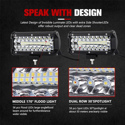 FIERYRED 2PCS 7 Inch LED Light Bar for Truck, Boat, ATV,UTV, Marine, IP68, 24000LM LED Pods Spot & Flood Combo Beam, 12V Triple Row Light Bar Off Road Driving Led Work Lights