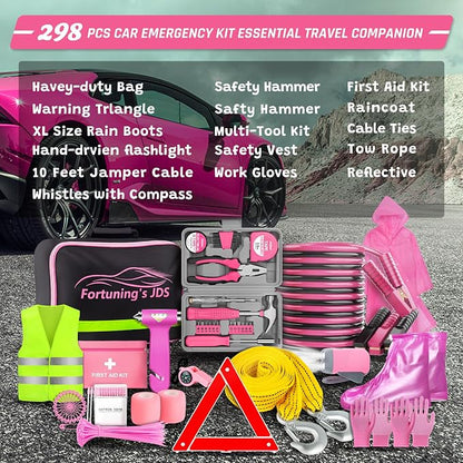 298PCS Roadside Emergency Car Kit- Car Emergency Kit with Jumper Cables, Roadside Emergency Kit for Vehicles, Emergency Car Kit, Car Safety Kits, Gloves,Tow Strap,Tool Kit,Reflective Warning Triangle